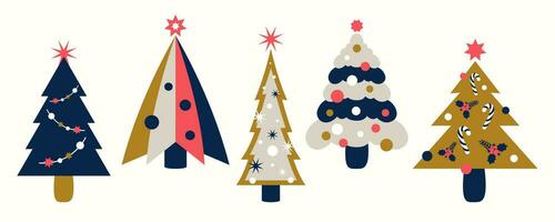 colección de moderno Navidad arboles aislado. Navidad arboles colocar. fiesta decoraciones con sencillo plano elementos, ligero, estrellas, pelotas. vector ilustración para saludo tarjeta, imprimir, invitaciones