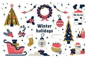 Navidad colección de invierno elementos. Navidad decoraciones aislado. abeto sucursales, festivo guirnalda, regalos, caramelo caña, velas, Chimenea. vector ilustración para moderno pegatinas, diseño tarjetas