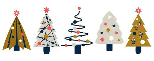 colección de tradicional Navidad arboles aislado. Navidad arboles colocar. fiesta decoraciones con sencillo plano elementos, ligero, estrellas, pelotas. vector ilustración para saludo tarjeta, imprimir, invitaciones