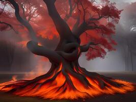 illustration with a red fire tree on a dark background photo