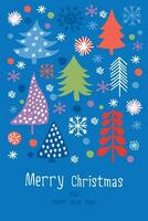 Hand drawn retro - Christmas card. Festive background with stylized Christmas trees, snowflakes and decorations. vector