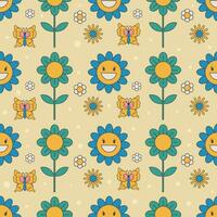 seamless pattern with groovy flowers stickers 70s vector
