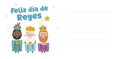 Happy epiphany written in spanish. Three funny wise men. Kings of orient on blue background. Christmas vectors