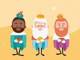 Three funny wise men. Kings of orient on yellow background. Christmas vectors