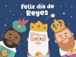 Happy epiphany written in spanish. Three funny wise men. Kings of orient on blue background. Christmas vectors