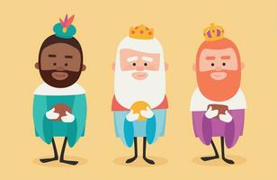 Three funny wise men. Kings of orient on yellow background vector