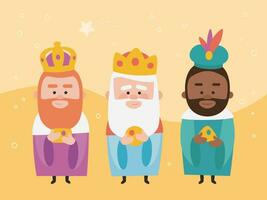 Three funny wise men. Kings of orient on yellow background. Christmas vectors