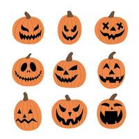 colección de Víspera de Todos los Santos calabazas colección naranja calabazas con de miedo escalofriante sonrisa. mano dibujado vector ilustración