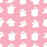 Seamless pattern with ghost. Cute halloween design. Spooky character or scary ghostly monsters. Hand drawn vector illustration on pink background