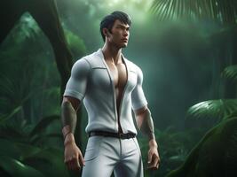 young and handsome male athlete posing on the forest jungle photo