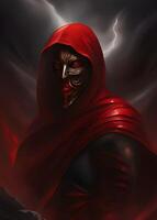 3d illustration of a warrior with a red cloak and a hood photo