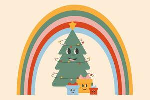 Vector Groovy hippie Christmas. Rainbow, Christmas tree, gift boxes in trendy retro cartoon style. Merry Christmas and Happy New year greeting card, banner, print, invitation, background.