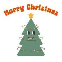 A Christmas tree with garland and a star in a fashionable groovy style. vector pattern For postcards, posters, banners