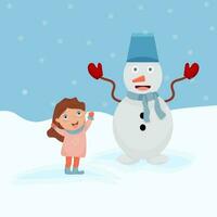 A girl makes a snowman in nature. Winter holidays. Winter landscape. Vector illustration.