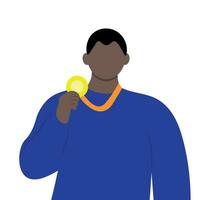 Portrait of a dark-skinned guy with a gold medal in his hand, flat vector, isolate on white, faceless illustration, minimalism vector