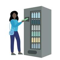 A dark-skinned woman with a banknote in her hand stands near a drink machine, in motion, flat vector isolated on white, faceless illustration