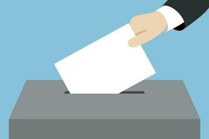 A hand puts a ballot into a voting box, flat vector, minimalism, blue background vector