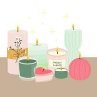 Collection of burning candles. Decorative wax candles for aromatherapy and relaxation. Different sizes and shapes.  Hand-drawn vector set. Isolated background.