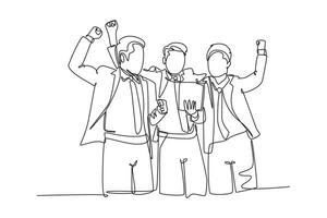 Single continuous line drawing young startup founders and CEO raised their fist into the air to celebrate their success got fund from investor concept. One line draw graphic design vector illustration