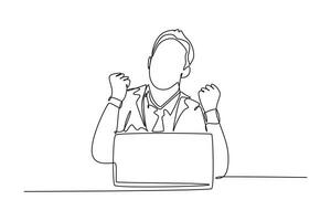 Continuous one line drawing of young happy business man sitting on chair and open laptop to read business contract agreement. Business deal concept. Single line draw design vector graphic illustration