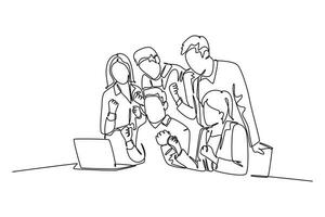 Single one line drawing of young happy male start up CEO and his subordinates celebrating their success achieve business target. Team work goal. Continuous line draw design graphic vector illustration