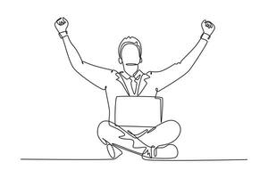 Continuous one line drawing young happy male manager sitting on floor and clenched fist raise in the air while on a laptop. Success business deal. Single line draw design vector graphic illustration