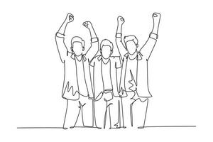 Single continuous line drawing young startup founders and CEO raised their fist into the air to celebrate their success got fund from investor. Dynamic one line draw graphic design vector illustration