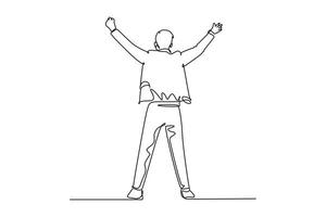 Continuous one line drawing back view young happy business man standing and fist his hands to the air to celebrate success. Business deal concept. Single line draw design vector graphic illustration