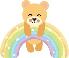 linda osito de peluche oso colgando en magia arco iris vector