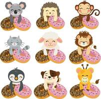 Set of cute animal with  strawberry and chocolate donuts vector