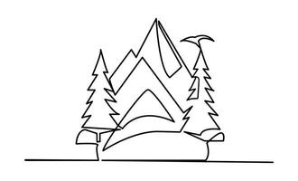 One Continuous line drawing of mountain range landscape and firs. Vector illustration