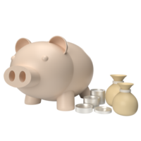 The Piggy Bank and Money Bag png 3d render