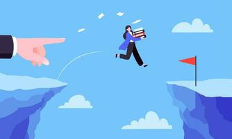 Businesswoman jumps over the abyss across the cliff flat style design vector illustration.