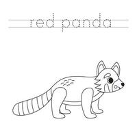 Trace the letters and color cartoon red panda. Handwriting practice for kids. vector