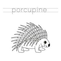 Trace the letters and color cartoon porcupine. Handwriting practice for kids. vector