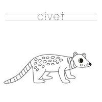 Trace the letters and color cartoon civet. Handwriting practice for kids. vector