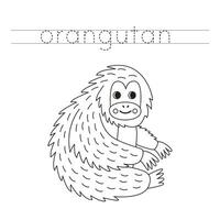 Trace the letters and color cartoon orangutan. Handwriting practice for kids. vector