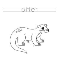 Trace the letters and color cartoon otter. Handwriting practice for kids. vector