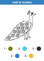 Color cartoon peafowl by numbers. Worksheet for kids. vector