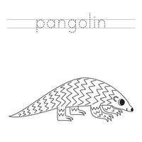 Trace the letters and color cartoon pangolin. Handwriting practice for kids. vector