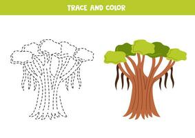 Trace and color cartoon banyan tree. Worksheet for children. vector