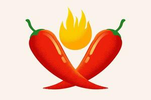 Vector chilli peppers in retro style. Vector vintage emblem with red chili pepper with flame. Logo of Chilli with fire in vintage style.