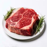 A image of Raw T bone steak with rosemary and peppercorns on white background Generative AI photo