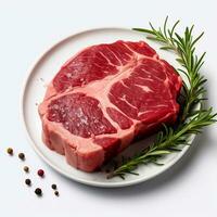 Raw T bone steak with rosemary and peppercorns on white background Generative AI photo