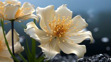 un foto de hermosa blanco loto flor en borroso fondo, cerca arriba generativo ai