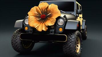 car standing front side flower 3D rendering of a brand less generic car or jeep in a modern interior Standing in the showroom Generative AI photo