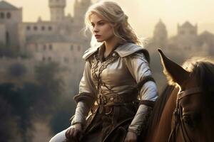 A shot of Beautiful girl in medieval costume with black horse on background of castle Generative AI photo