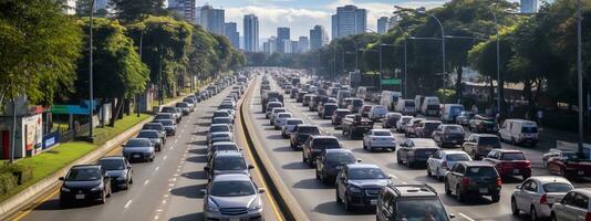 Image of Traffic jam in road. Traffic jam at rush hour. traffic block at road Generative AI photo