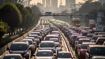 Front shot Traffic jam in road. Traffic jam at rush hour. traffic block at road Generative AI photo