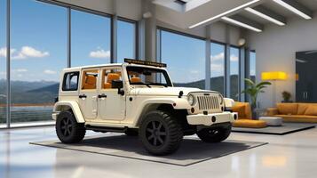 3D rendering of a brand less generic car or jeep in a modern interior Standing in the showroom Generative AI photo